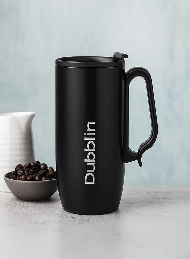 DUBBLIN Refresh Stainless Steel Unbreakable Tea Coffee Mug Double Wall with Handle and Lid, Wide Mouth Mug Keeps Beverages Hot & Cold 350 ML Black - Image 1